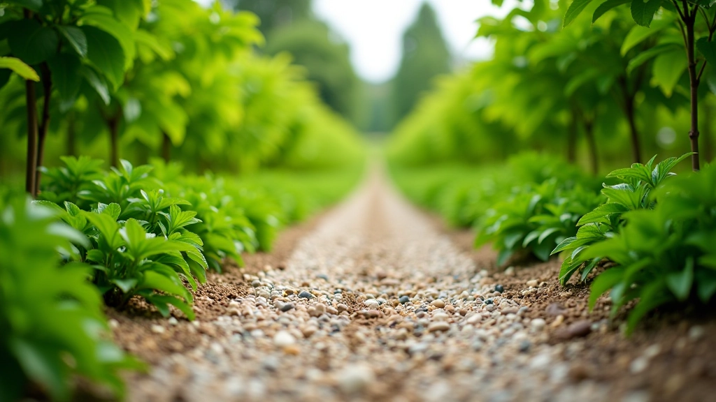 Žvyrinis takelys uogų plantacijoje, gerai prižiūrėtas, natūrali šviesa, švarus paviršius