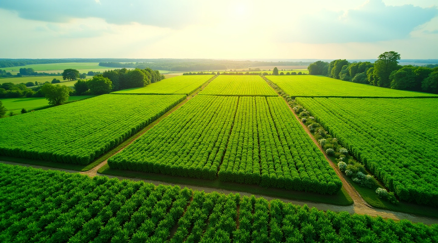 Žalias lauko vaizdas su aviečių ir braškių plantacijomis, saulėta diena, gamtos grožis